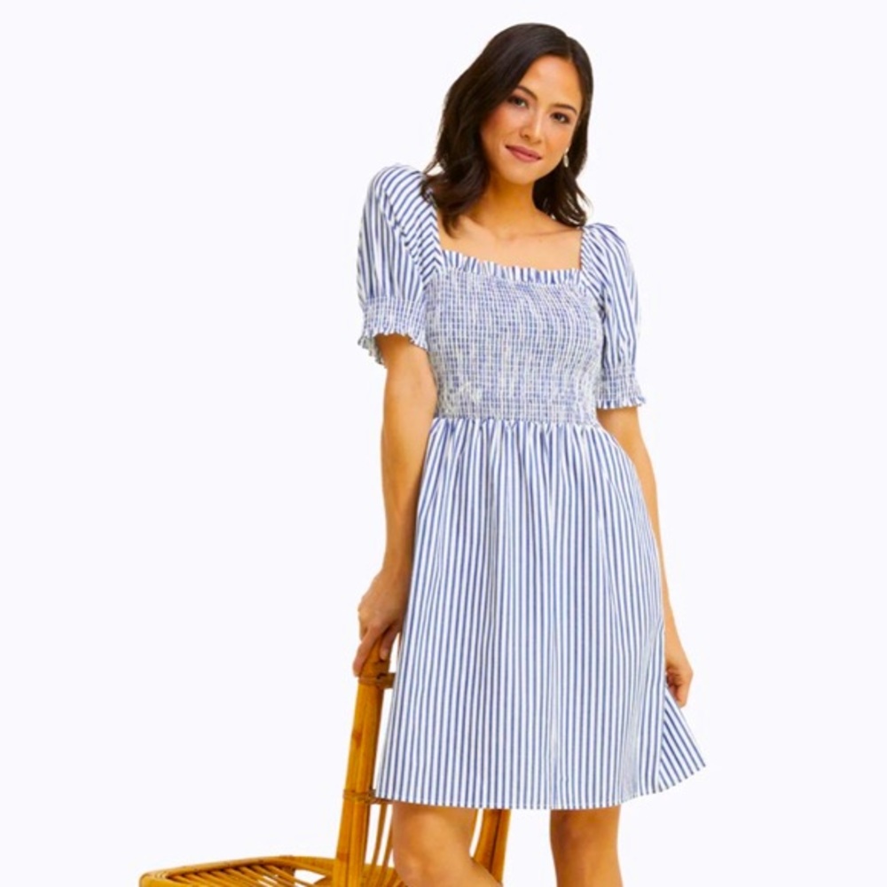 Draper James Cam Smocked Dress Size M Medium EUC Cotton Blue Shirting Stripe